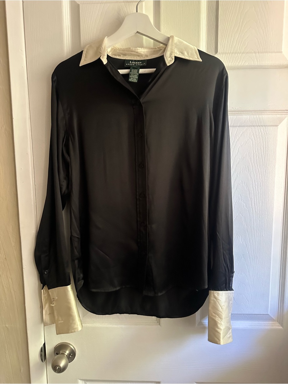 Ralph Lauren Silk Black Shirt with Cream Contrast Collar